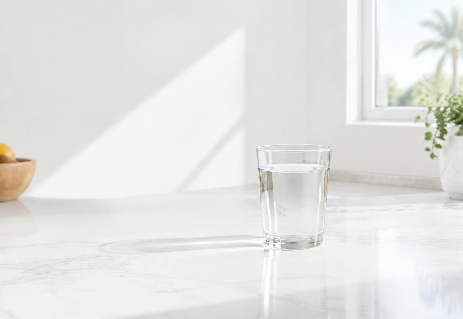 A clear glass of filtered water on a bright kitchen counter