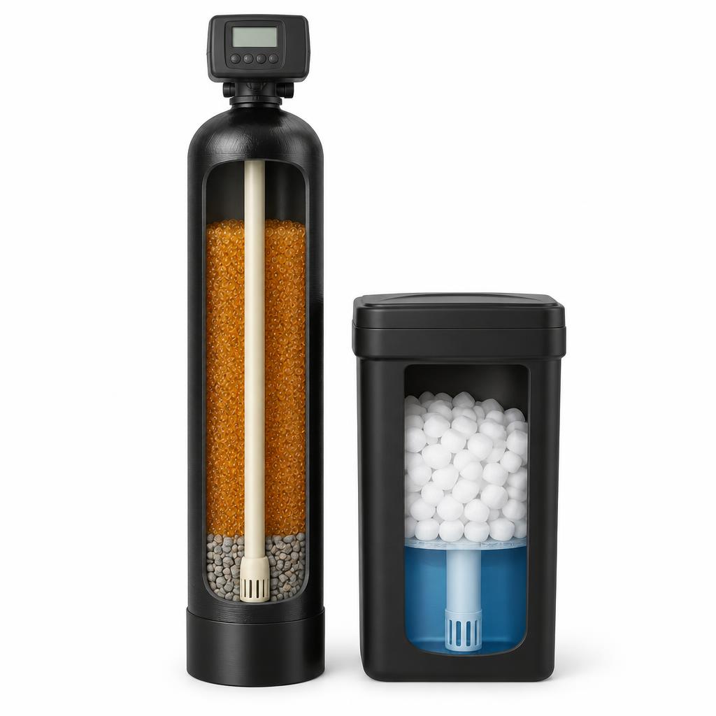 Cutaway diagram of a whole-home water softener and carbon filter